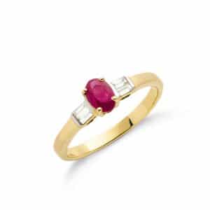 9ct Yellow Gold Diamond Baguette & Ruby Ring.