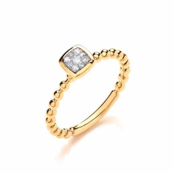 9ct Yellow Gold 0.10ct Beaded Shank Square Top Ring