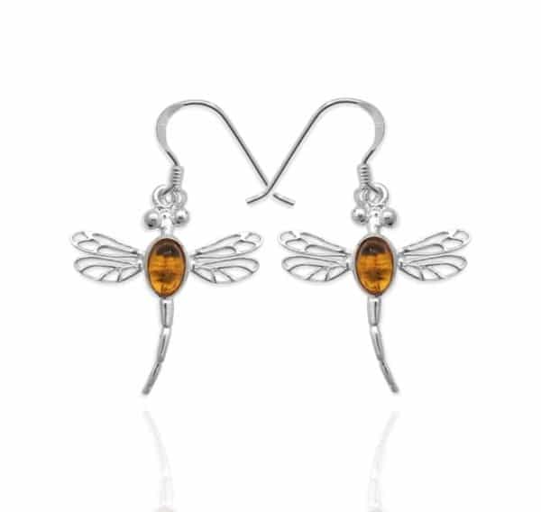 925 Sterling Silver Amber Dragonfly Drop Earrings