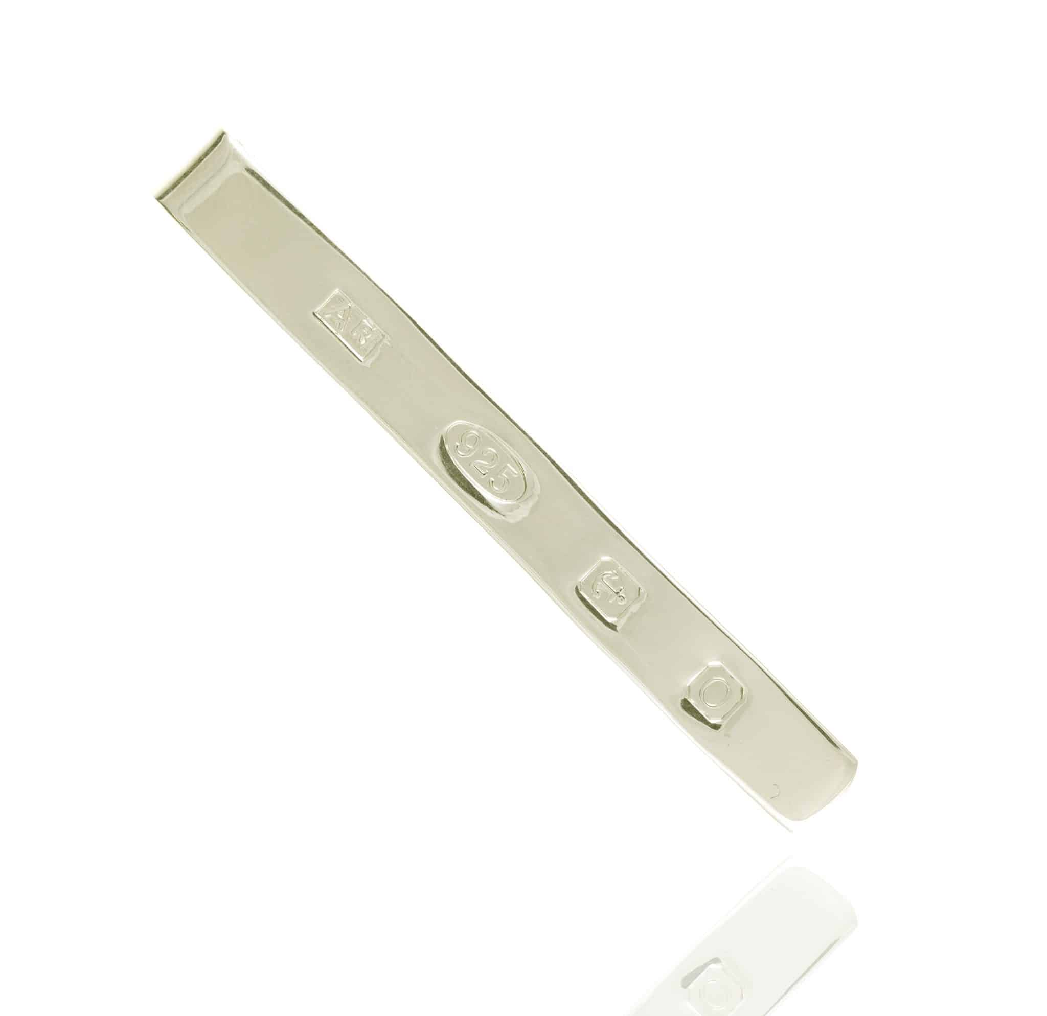 Solid 925 sterling silver 6mm tie clip displaying prominent front feature hallmarks including the Birmingham Assay Office anchor