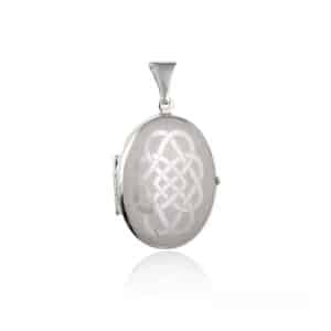 Standard size 925 sterling silver oval locket with Celtic knot design on brushed background