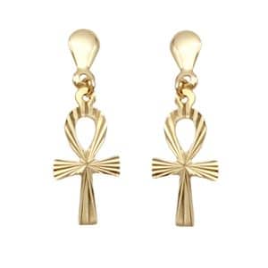 9ct Gold Diamond Cut Ankh Cross Earrings