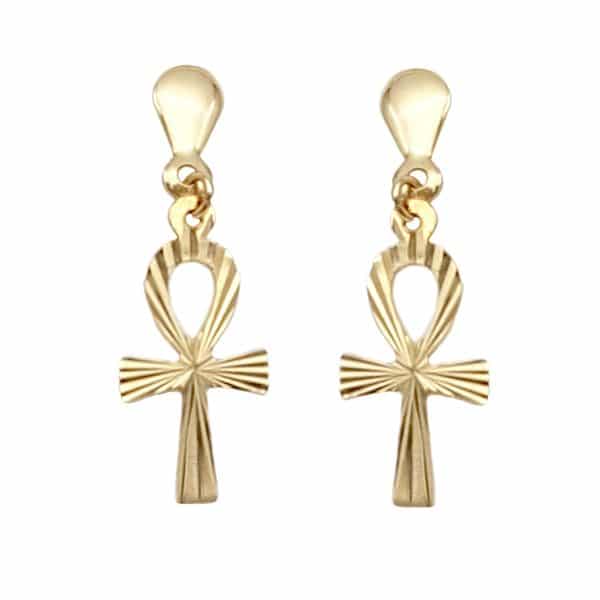 9ct Gold Diamond Cut Ankh Cross Earrings