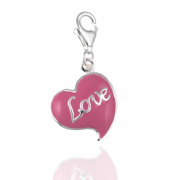 925 Sterling Silver Enamel Pink Love Heart Charm. 4.1g.