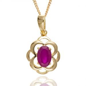 9ct Gold Celtic Style Drop Pendant with sparkling oval cut Ruby. Stylish gemstone pendant for a vintage Celtic appeal.