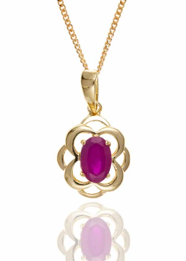 9ct Gold Celtic Style Drop Pendant with sparkling oval cut Ruby. Stylish gemstone pendant for a vintage Celtic appeal.