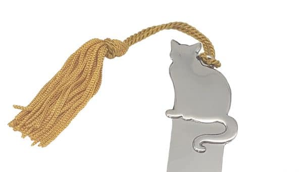 925 Sterling Silver Sitting Cat Bookmark - Tassled. Closeup.