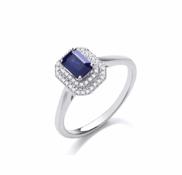 9ct White Gold Double Diamond Halo - Sapphire Ring.