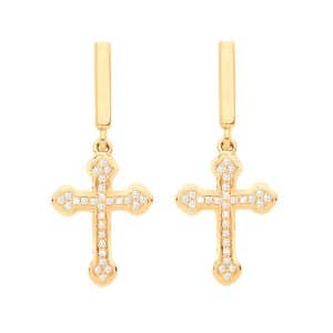 9ct Gold Diamond Cross Drop Earrings.
