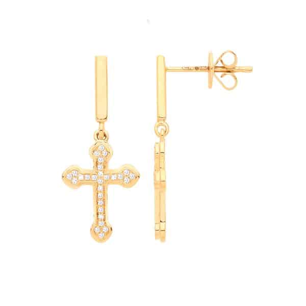 9ct Gold Diamond Cross Drop Earrings. 2