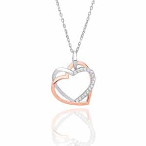 925 Sterling Silver Linked Love Heart Pendant. Cz - Rose Gold.