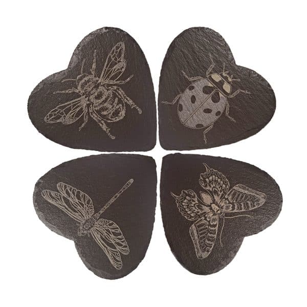 Set of 4 Natural Slate Heart Coasters with realistic insect designs bumble bee, dragonfly,butterfly and ladybird.