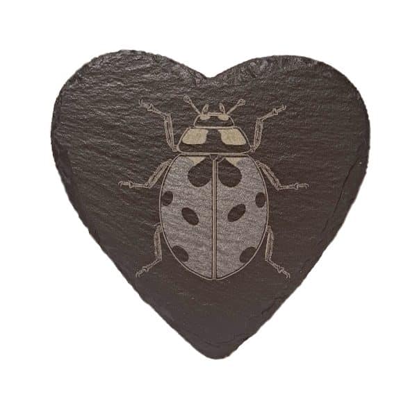 Natural Slate Heart Coasters with realistic ladybird.