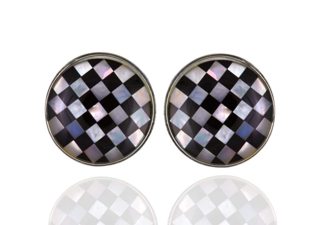 Sterling Silver MOP Black Onyx Chequer Cufflinks. Round. Black Onyx and Mother of Pearl Chequer pattern set in 925 Sterling Silver.