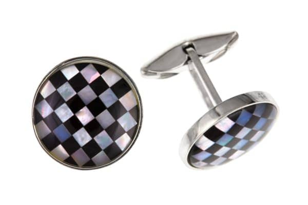 Black Onyx and Mother of Pearl Chequer Cufflinks Round. 925 Sterling Silver.