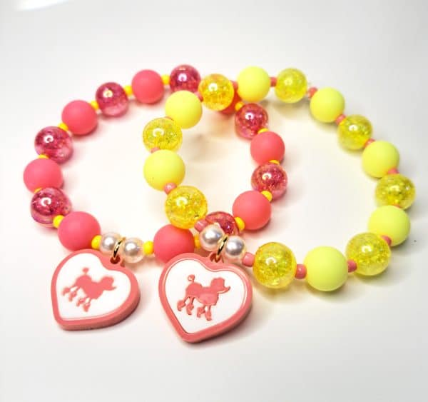 Pink Poodle Heart Pendant Bead Bracelet