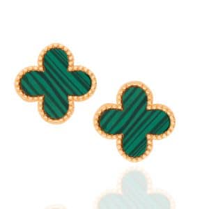 9ct Yellow Gold Stud Earrings inset with Malachite in the form of a 4 Leaf Clover.