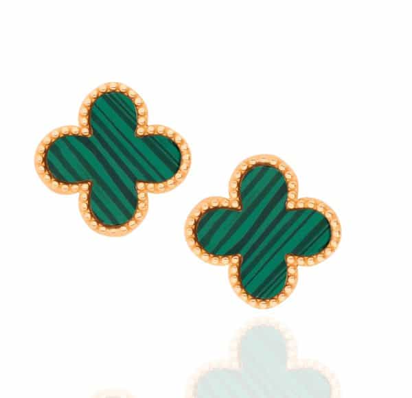 9ct Yellow Gold Stud Earrings inset with Malachite in the form of a 4 Leaf Clover.