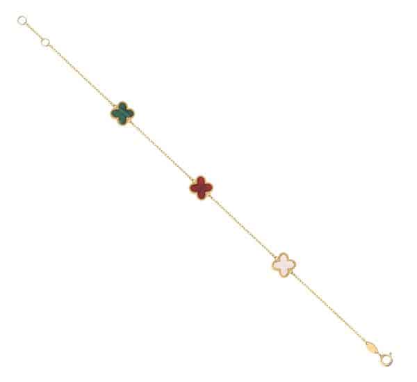 Ladies 9ct Gold Clover Bracelet - Malachite - Cornelian - Mother of Pearl. - Image 2