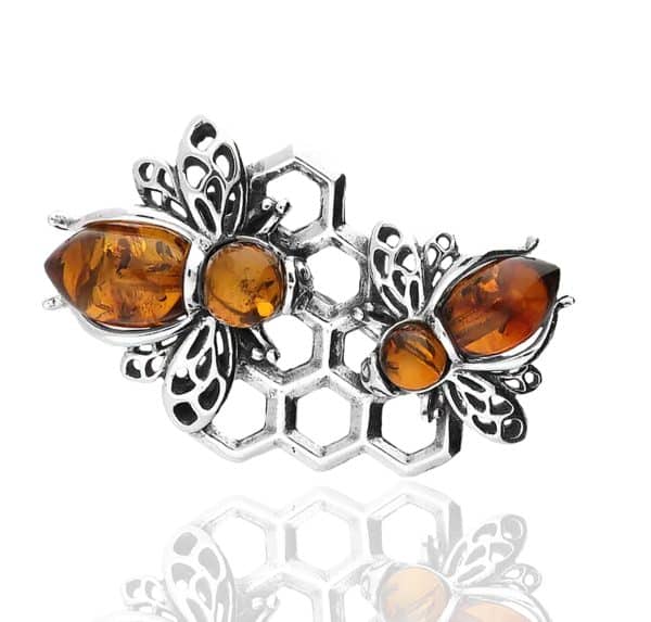 Double Amber Honey Bee Pin Brooch. 925 Sterling Silver.