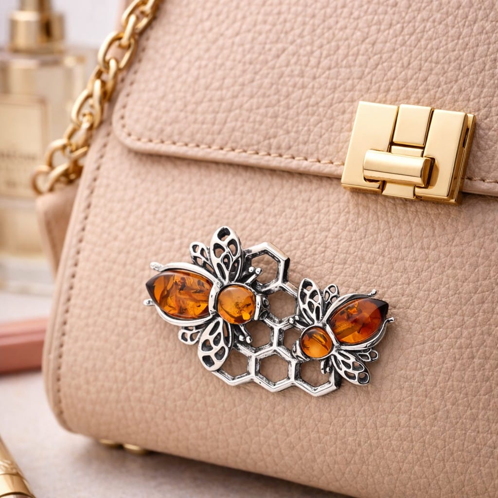 Double Amber Honey Bee Pin Brooch. 925 Sterling Silver. - Image 3