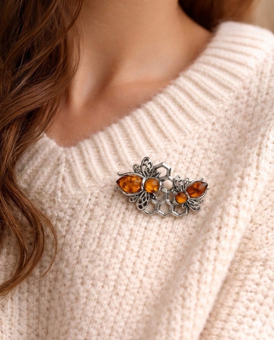 Double Amber Honey Bee Pin Brooch. 925 Sterling Silver. - Image 2