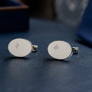 Diamond Inset Oval Cufflinks 925 Sterling Silver