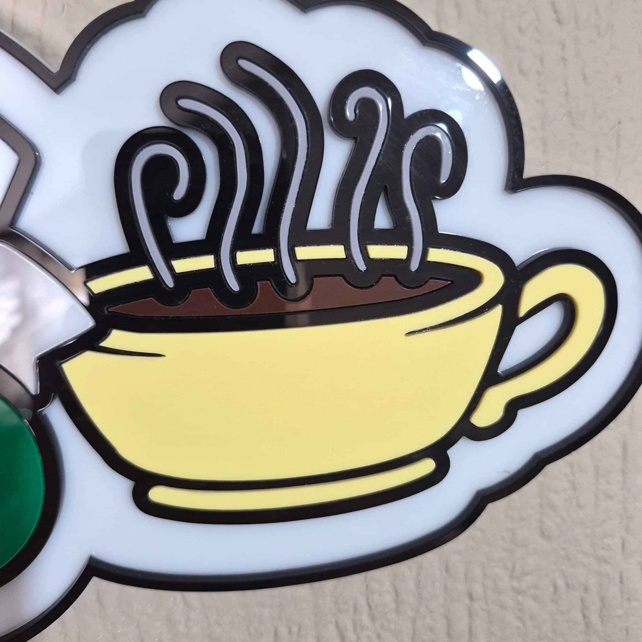 Angled side-view of a 420mm Central Perk acrylic sign capturing the reflective mirror-gloss sheen and the tangible depth of the multi-layered 3mm design.