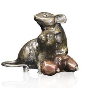 Richard Cooper solid bronze miniature mouse sculpture featuring a detailed field mouse sitting next to two polished rosehips on a white background