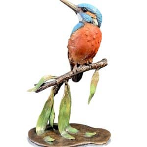 Richard Cooper solid bronze miniature kingfisher sculpture hand-painted with vibrant blue and orange artist oils, perched on a patinated willow branch.