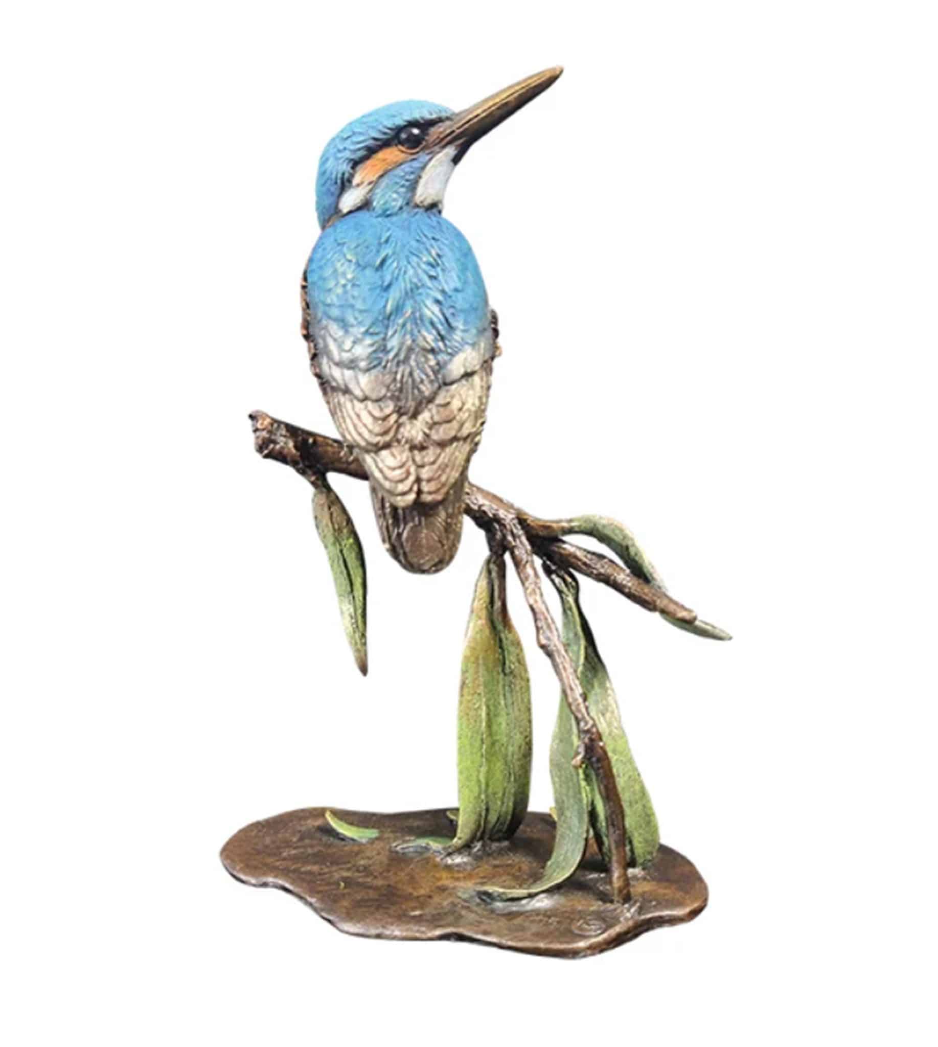 Rear view of the Richard Cooper solid bronze kingfisher sculpture, showing the detailed patination on the back of the wings, tail feathers, and the reverse side of the willow branch structure.