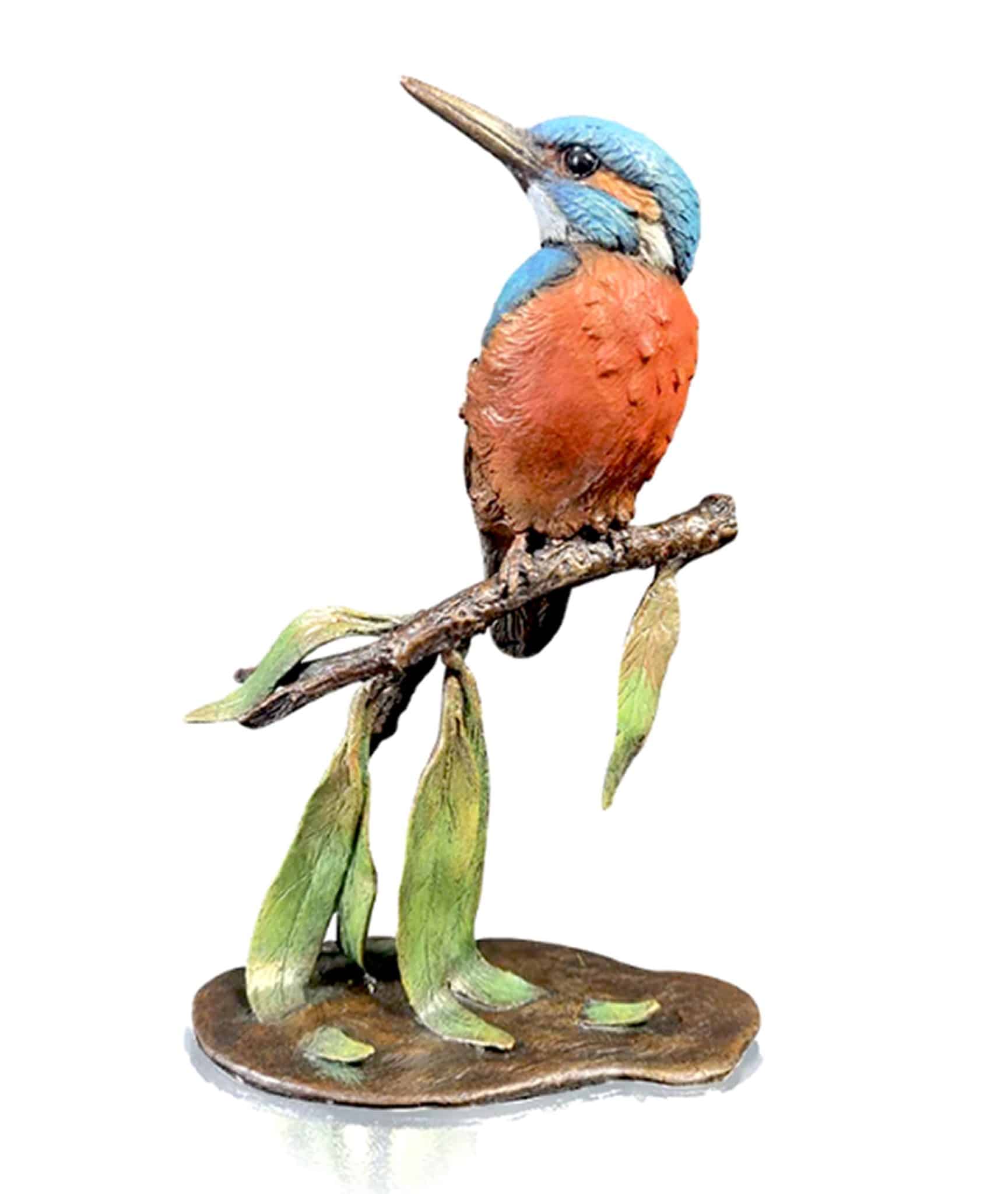 Richard Cooper solid bronze miniature kingfisher sculpture hand-painted with vibrant blue and orange artist oils, perched on a patinated willow branch.