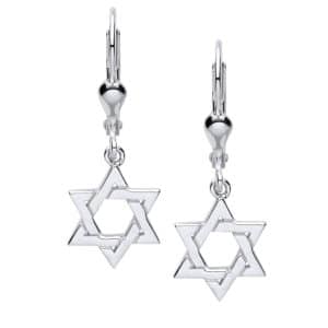 Pair of 925 sterling silver Star of David drop earrings showing a full-length front perspective