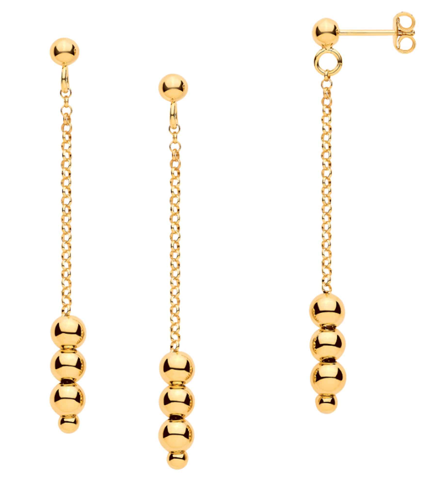 Three gold finished 925 sterling silver beaded chain drop earrings grouped to show varying lengths and angle