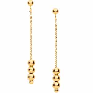 Pair of gold finished 925 sterling silver beaded chain drop earrings showing the full-length dangle design