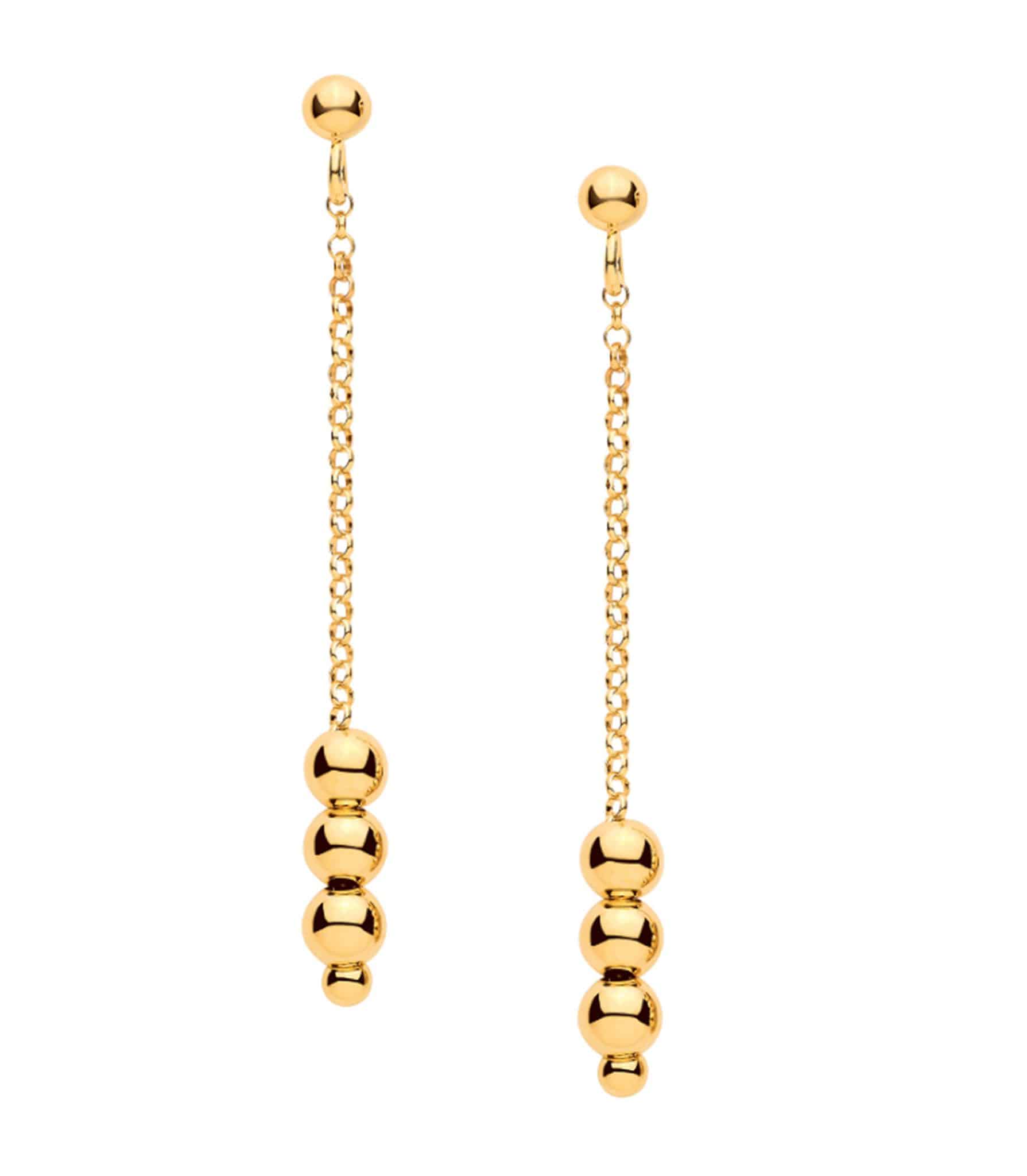 Pair of gold finished 925 sterling silver beaded chain drop earrings showing the full-length dangle design