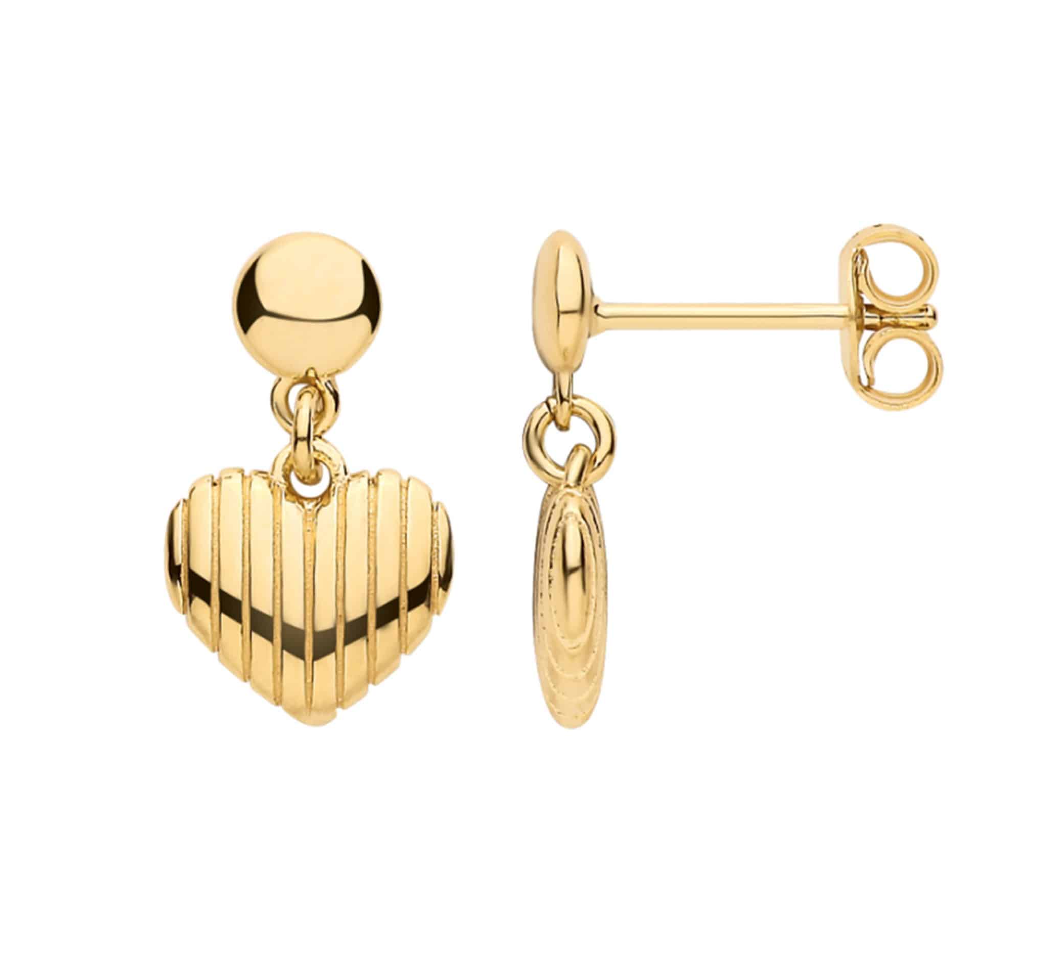 925 Sterling Silver Ribbed Heart Drop Earrings with a gold finish, showing front and side views on post fittings.