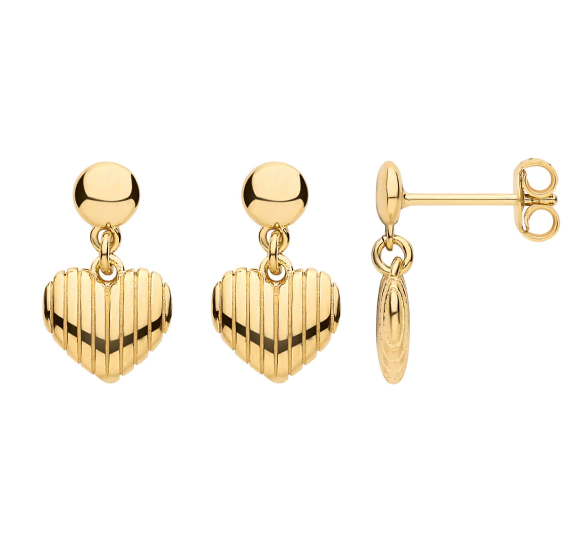 Three gold finished 925 Sterling Silver Ribbed Heart Drop Earrings, showing various angles including the post fitting side view.