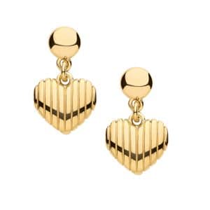 Detailed close-up of the 925 Sterling Silver Ribbed Heart Drop Earrings with a rich gold finish