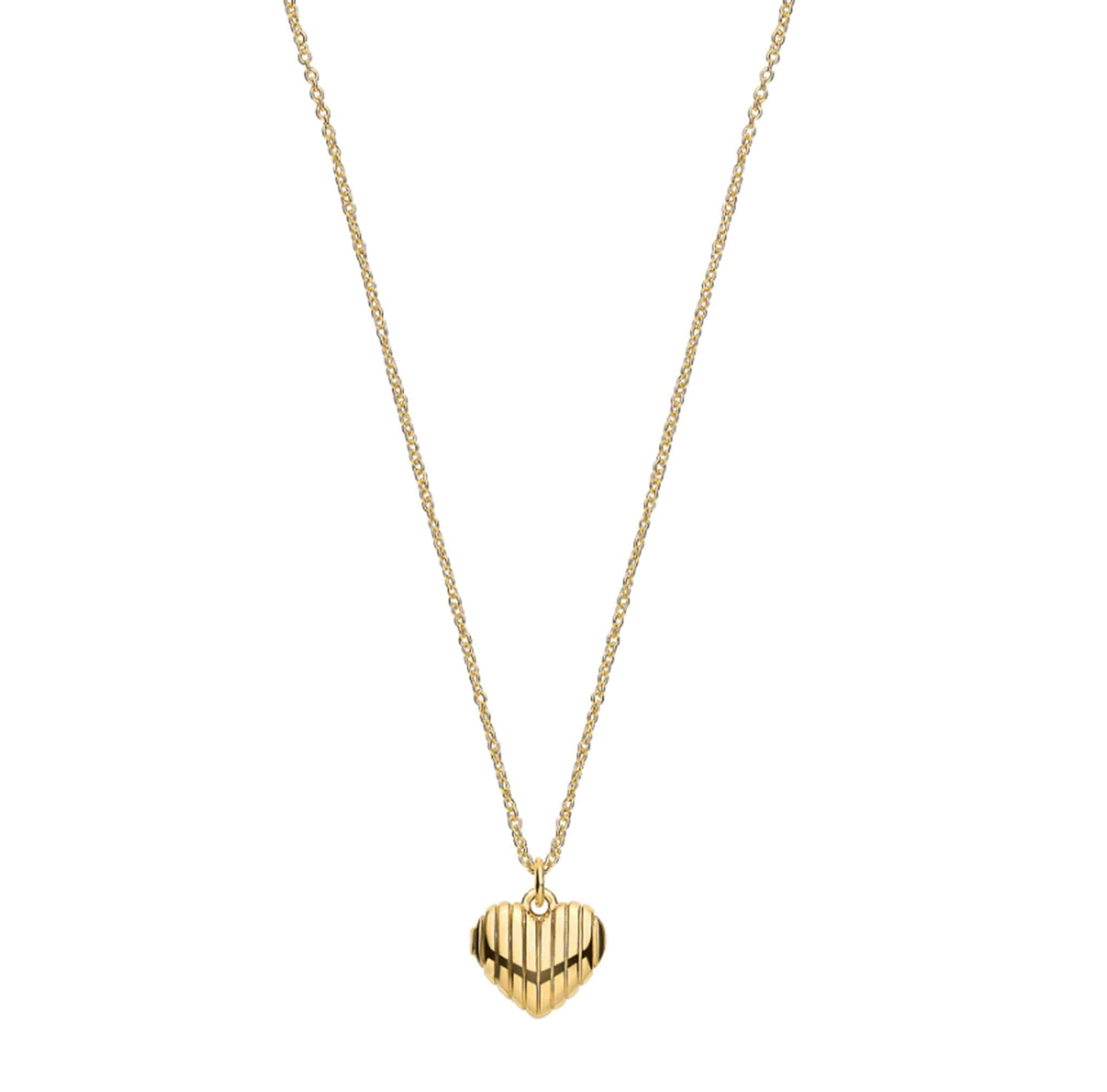 Full length view of the gold finished 925 sterling silver ribbed heart pendant necklace on a delicate chain