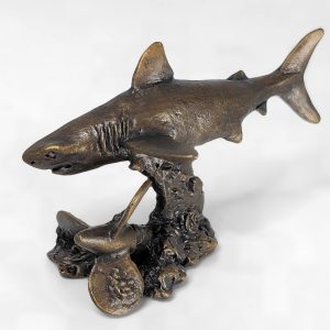 Solid bronze Great White Shark sculpture mounted on a decorative seabed base with multi-tonal patina finish by Marquise Jewellery