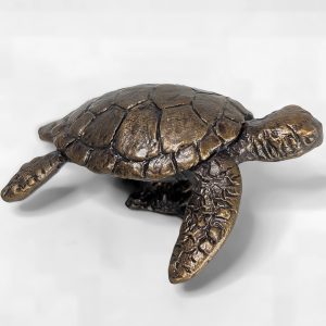 Solid bronze Hawksbill sea turtle sculpture crawling forward with outstretched flippers and a domed shell patina finish by Marquise Jewellery