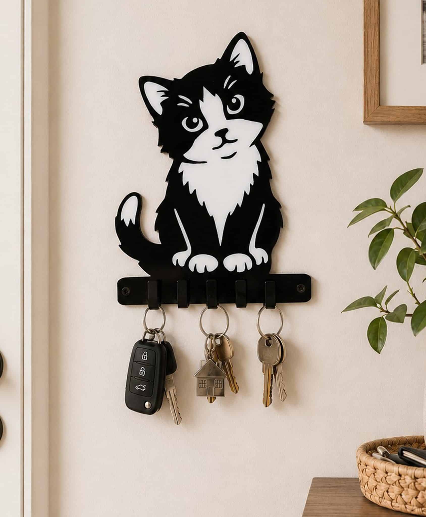 Handmade black and white inlaid acrylic kitten key holder measuring 200mm high by 140mm wide with 5 key hooks installed in Hallway with Keys