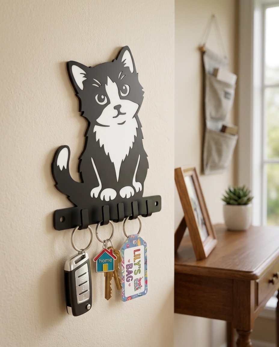Handmade black and white inlaid acrylic kitten key holder measuring 200mm high by 140mm wide with 5 key hooks