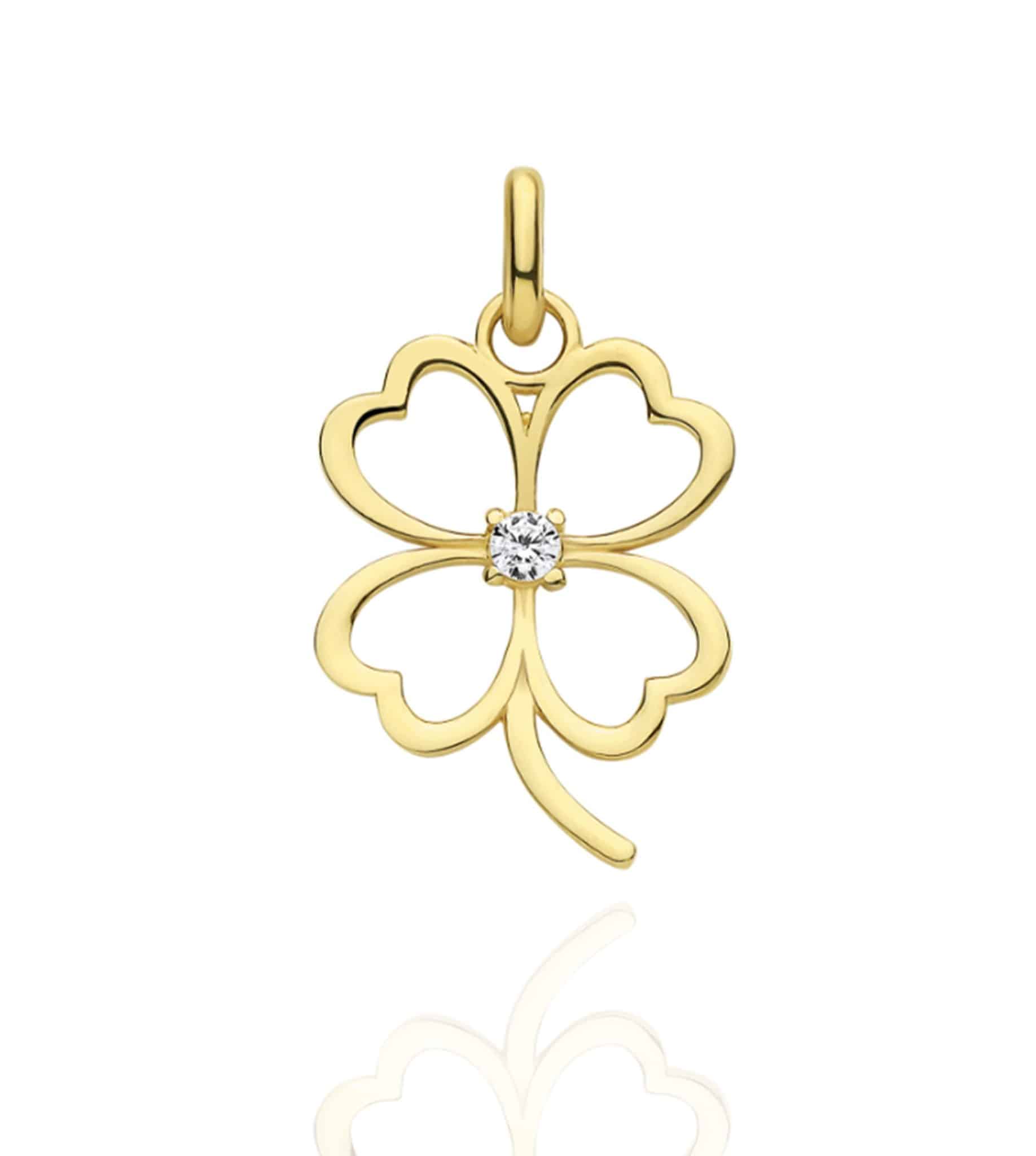 9ct yellow gold four leaf clover pave set charm pendant with central sparkling stone from Marquise Jewellery
